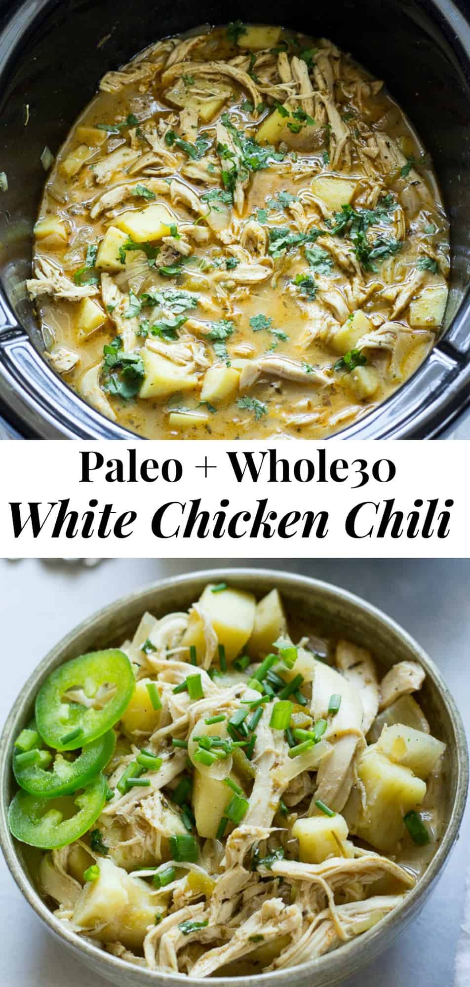 This slow cooker paleo white chicken chili with sweet potato is an easy, all in one healthy Paleo and Whole30 meal for any night of the week!  Great to makes ahead and pack for lunches too.  Kid approved, gluten free, dairy free and a blog favorite. #paleo #cleaneating #whole30