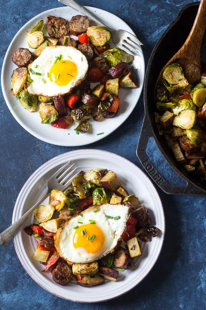 This Whole30 and paleo sausage sweet potato veggie skillet is easy to make, great for lunch, dinner or topped with fried eggs for breakfast!  