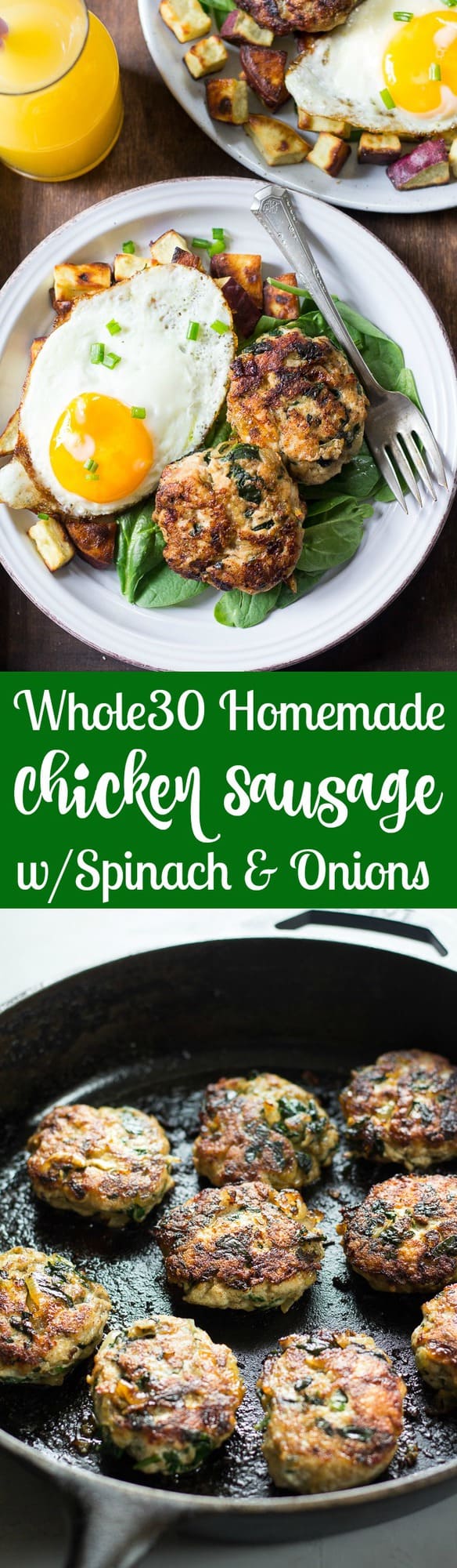 Easy Homemade Chicken Sausage Patties with Spinach and Caramelized Onions that you can make ahead of time and serve with any meal! They're made with real, whole ingredients and are sugar free, Paleo and Whole30 compliant.