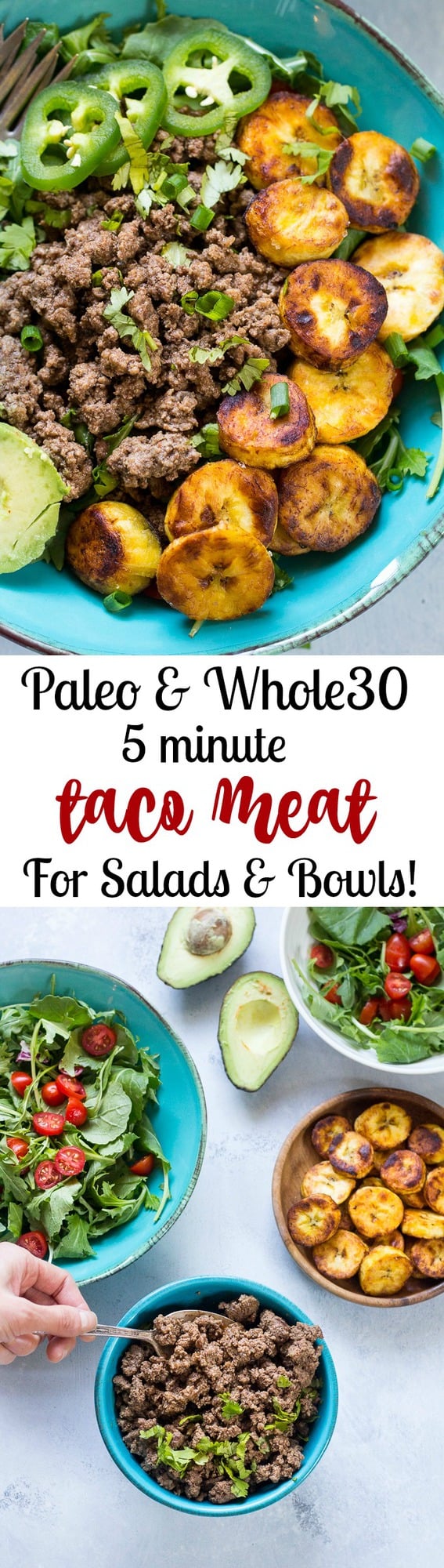 Easy 5 minute Paleo taco meat that's perfect for quick taco salads, bowls, or wraps. Whole30 friendly and great for busy families for weeknight dinners!  Works great to make ahead of time during meal prep too.