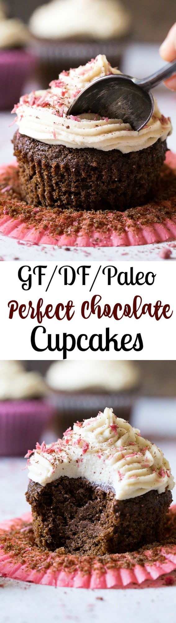 Paleo Chocolate Cupcakes topped with coconut cashew cream cheese frosting and pink coconut sprinkles! Gluten-free, dairy-free and the perfect kid friendly chocolate cupcakes with a nut free option.