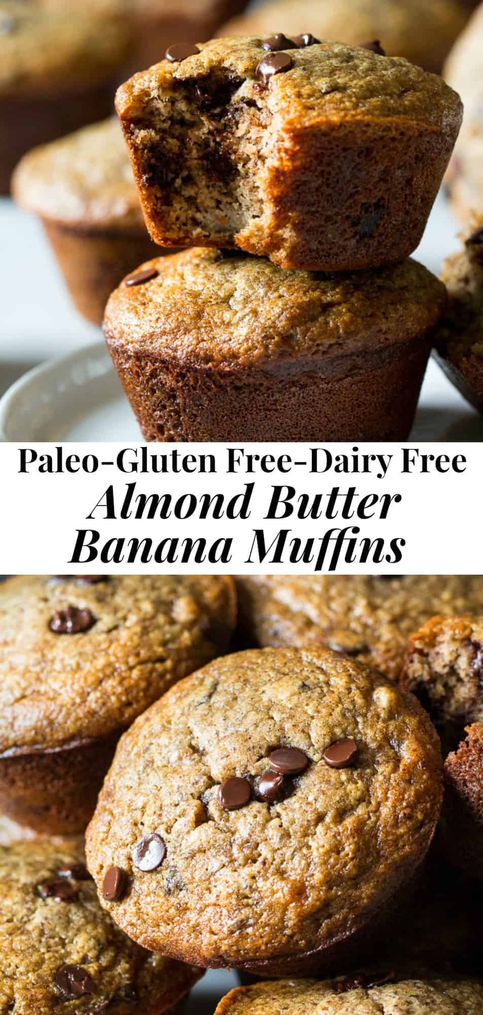 These gluten free and Paleo almond butter banana muffins will become a family favorite for breakfast and snacks! Made with almond flour and flaxseed, these are healthy, kid friendly and perfect for your favorite mix-ins.  #paleo #cleaneating #glutenfree