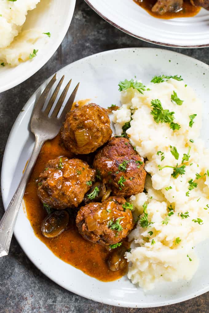 These easy and delicious Paleo Salisbury Steak Meatballs are great for families, kid friendly, Whole30 compliant and perfect with mashed white or sweet potatoes! Gluten free, dairy free, sugar free, ready is 30 minutes.