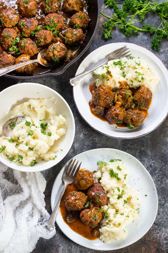 These easy and delicious Paleo Salisbury Steak Meatballs are great for families, kid friendly, Whole30 compliant and perfect with mashed white or sweet potatoes! Gluten free, dairy free, sugar free, ready is 30 minutes.