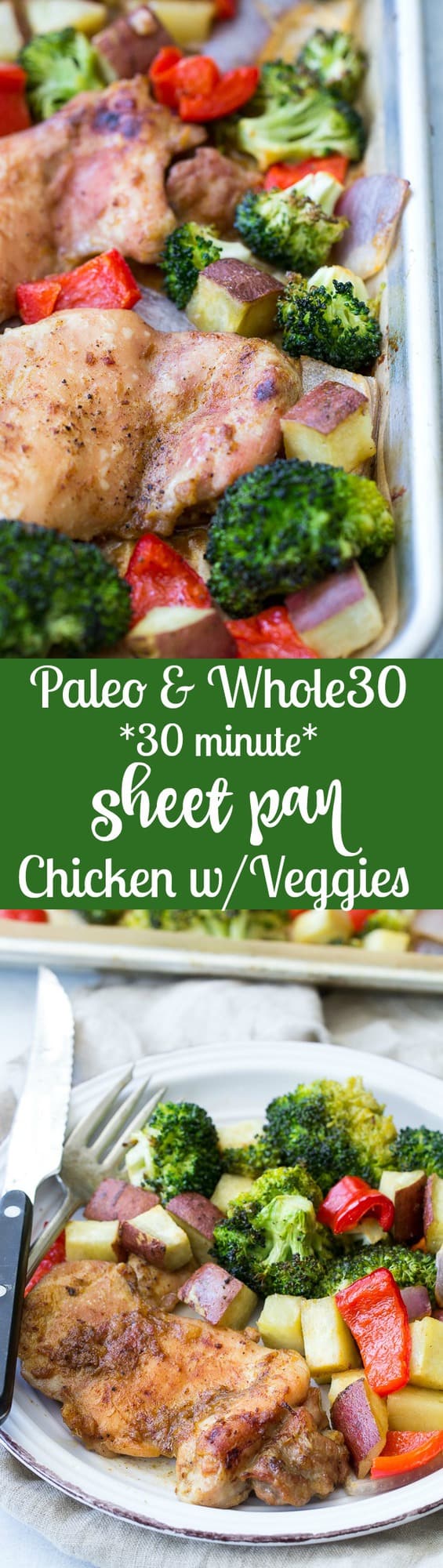 This 30 minute sheet pan chicken with veggies has a sweet and savory sauce baked right in for a complete dinner that's packed with flavor and nutrition! Gluten free, Paleo, Whole30 compliant and great for weeknights and leftovers too!