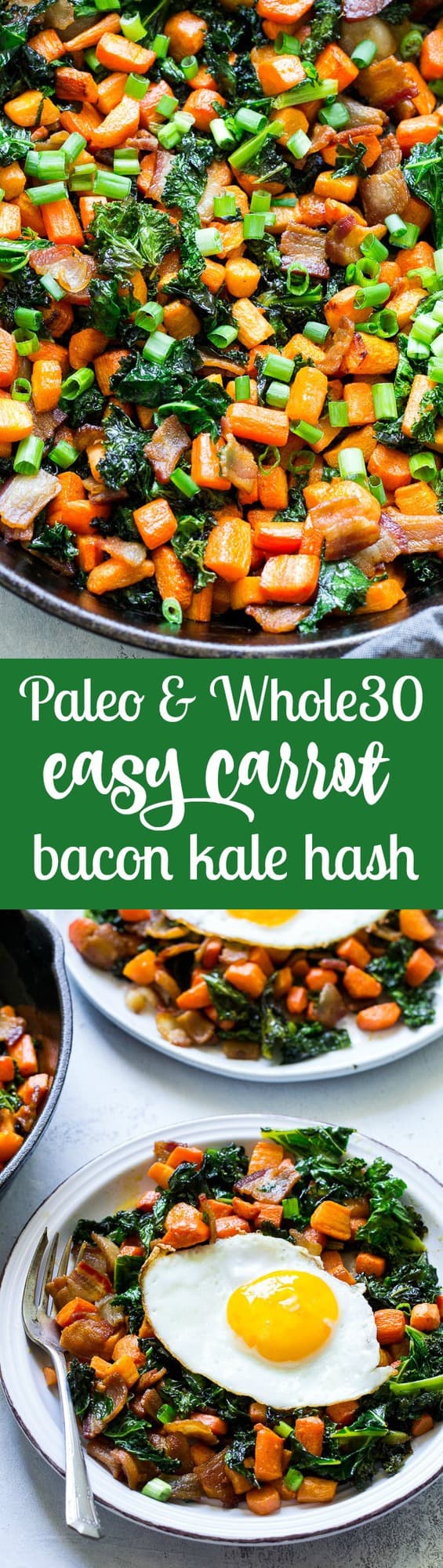 This savory roasted carrot, bacon and kale hash is great as a side dish or for breakfast topped with fried eggs! It's a lower carb alternative to the classic sweet potato hash and just as delicious. Paleo and Whole30 compliant, simple to make.