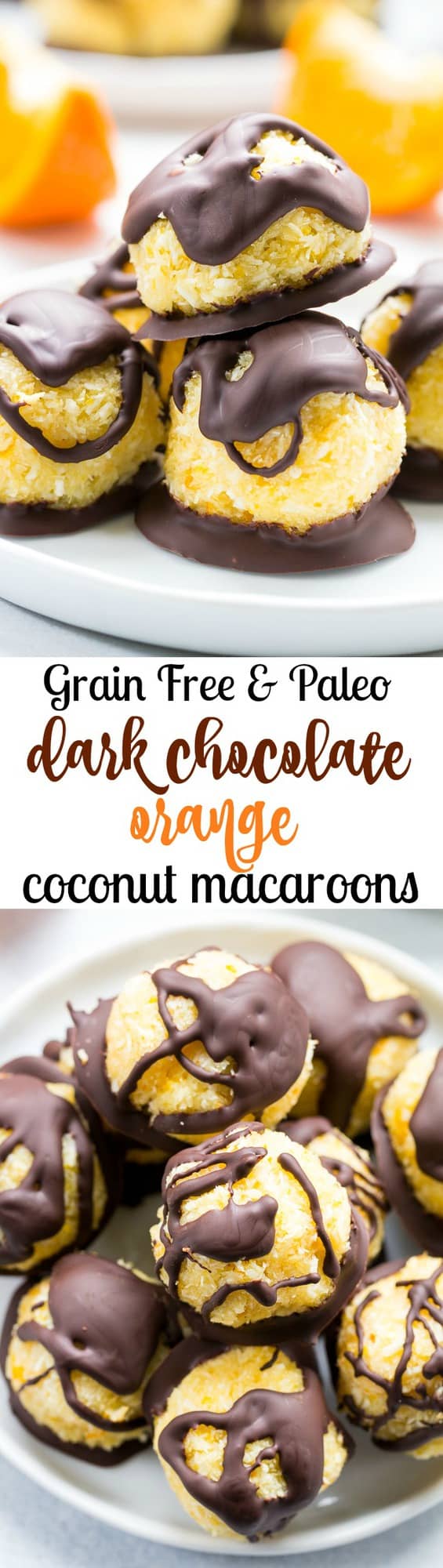 Chewy and sweet orange coconut macaroons are dipped in dark chocolate for a healthy yet decadent tasting dessert! Easy and fun to make, these delicious macaroons are gluten free, dairy free and Paleo.