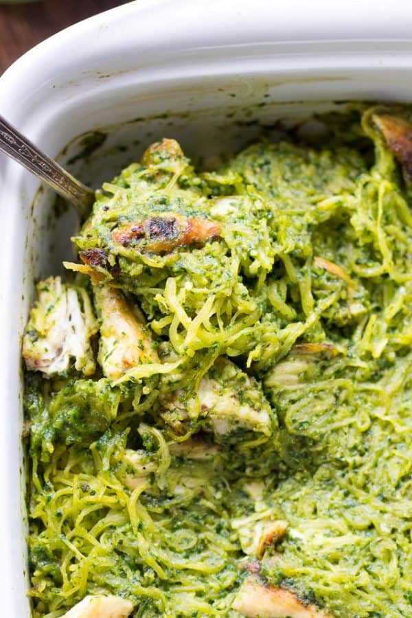 Chicken Pesto Paleo Spaghetti Squash {Whole30, Low Carb}