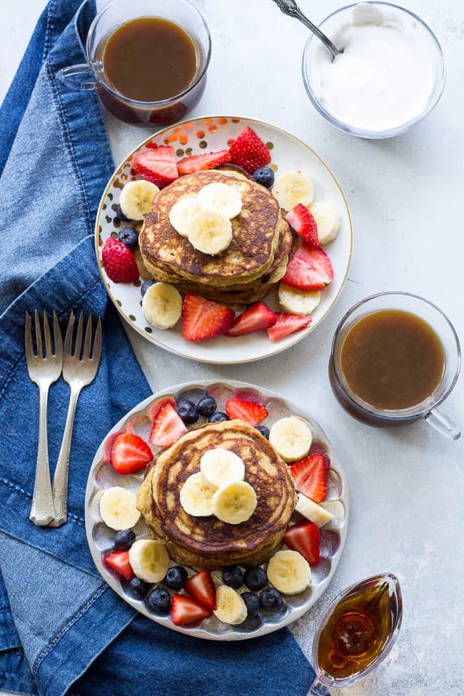 These Paleo banana coconut flour pancakes are so perfectly fluffy, moist and sweet that you won't believe they're grain free, dairy free, nut free and refined sugar free! Your family's paleo breakfast just got a delicious addition!