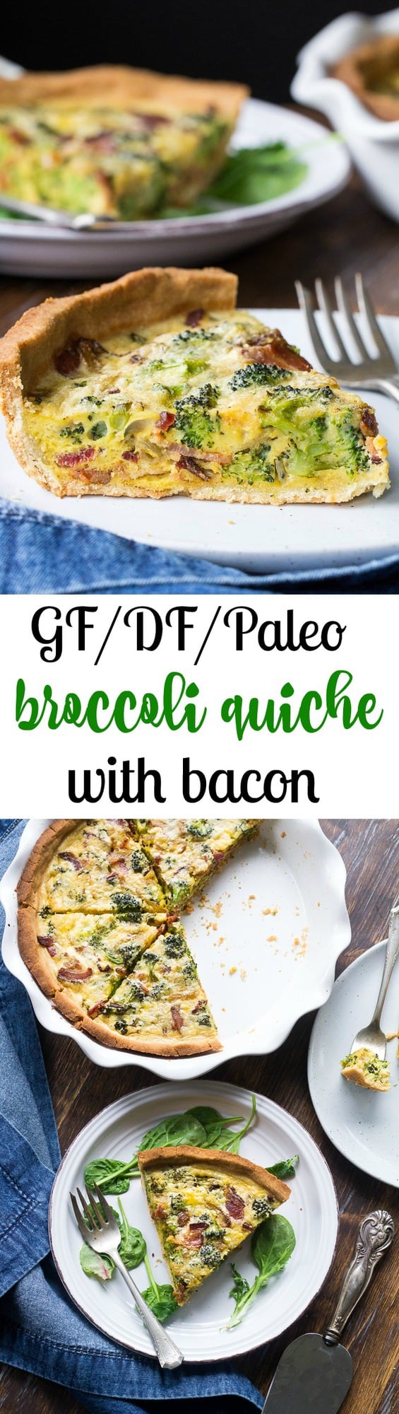 This Paleo broccoli quiche is easy to make and perfect as a make ahead breakfast or to bring to brunch for Easter, Mother's Day or anything else! It's loaded with caramelized onions, savory sautéed broccoli and crisp bacon, plus has a secret "cheesy" ingredient while remaining dairy free! Grain free, gluten free, healthy.