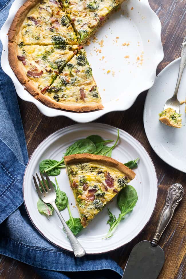 This Paleo broccoli quiche is easy to make and perfect as a make ahead breakfast or to bring to brunch for Easter, Mother's Day or anything else! It's loaded with caramelized onions, savory sautéed broccoli and crisp bacon, plus has a secret "cheesy" ingredient while remaining dairy free! Grain free, gluten free, healthy.