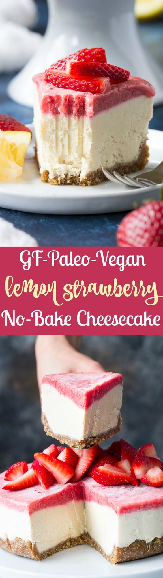 This no-bake Paleo and vegan cheesecake has a chewy, naturally sweet crust, topped with a thick creamy lemon layer and a sweet creamy strawberry layer. The cheesecake layers have a cashew base, come together quickly in a blender or food processor, and are then chilled to set. Gluten free, dairy free, refined sugar free.