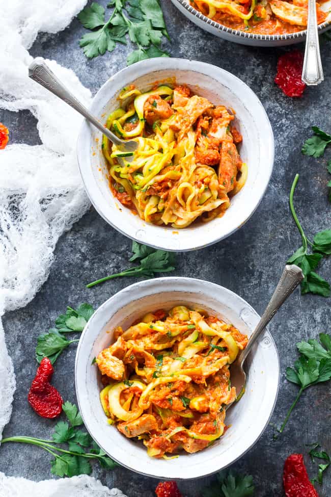 Zucchini pasta is tossed with a filling and flavor-packed, no cook creamy sun-dried tomato and scallion sauce plus perfectly cooked chicken. A tasty Paleo, Whole30 and low carb meal that's great hot or cold. Perfect for spring and summer!