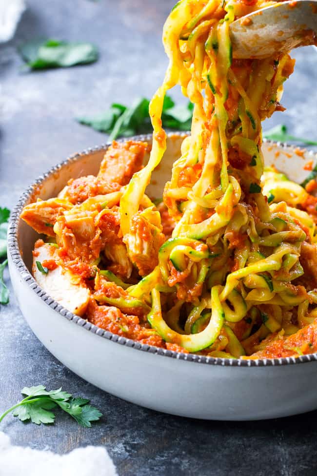 Zucchini pasta is tossed with a filling and flavor-packed, no cook creamy sun-dried tomato and scallion sauce plus perfectly cooked chicken. A tasty Paleo, Whole30 and low carb meal that's great hot or cold. Perfect for spring and summer!
