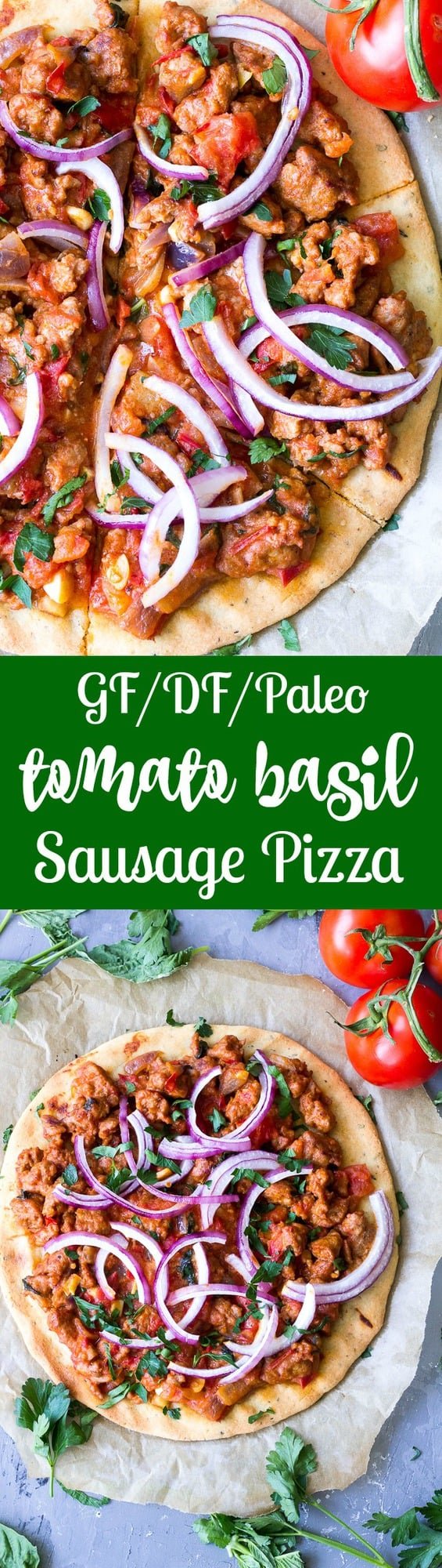 This hearty Paleo pizza has a thin, crisp and chewy crust with a sausage and fresh tomato basil topping that you can make spicy or mild to suit your tastes. The perfect filling and healthy pizza to make when a craving hits! Perfect 30 minute dinner for pizza night! Gluten free, dairy free, grain free, Paleo.