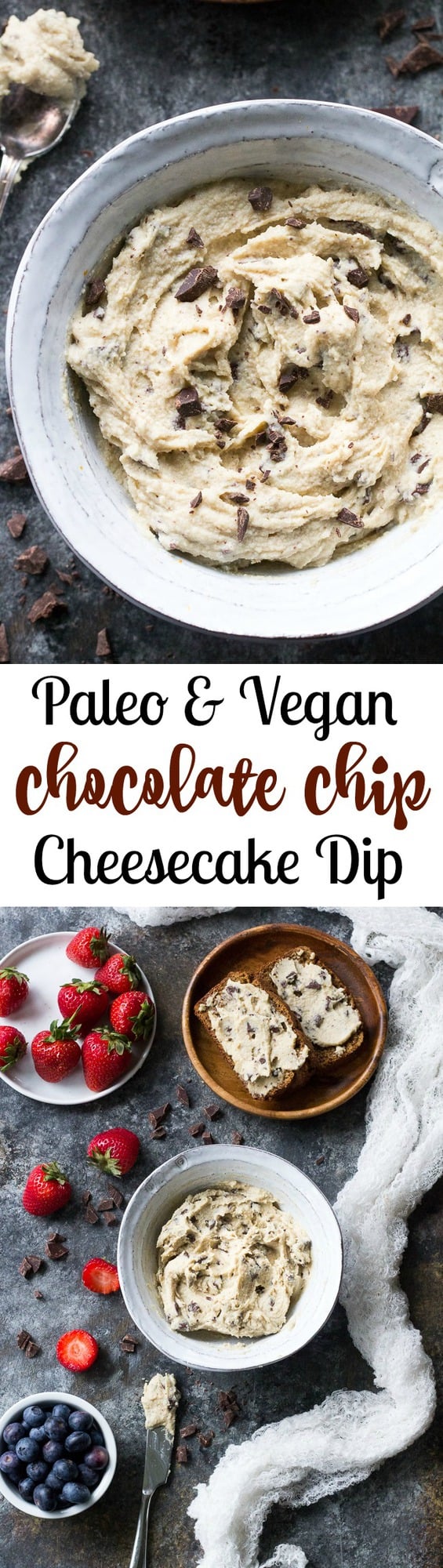 This super quick and easy cashew-based chocolate chip cheesecake dip (or spread!) is perfect for healthy sweet snacks and desserts. No need to make a whole cheesecake when a craving hits! This versatile dip/spread is dairy-free, paleo, vegan, and loaded with creamy texture and dark chocolate.