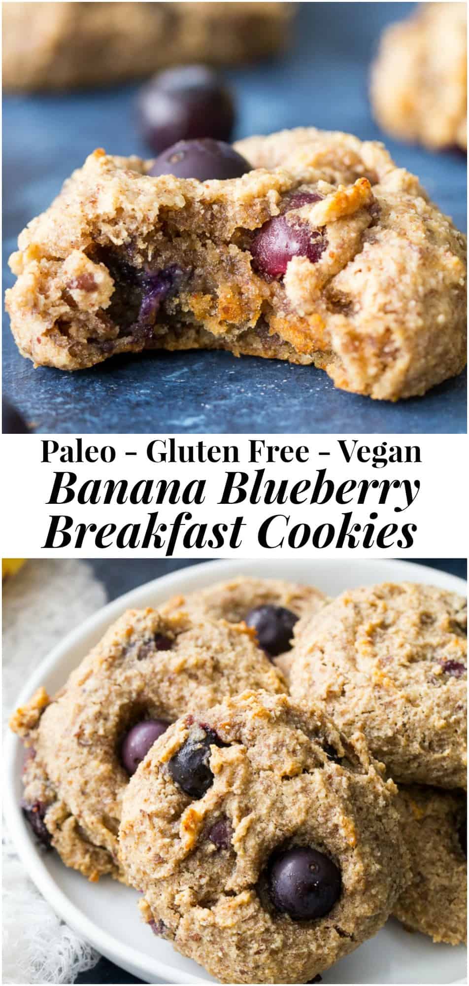 These banana blueberry breakfast cookies are perfectly chewy and irresistible with just the right amount of sweetness!  Perfect to go with breakfast or as an afternoon snack.  They're gluten free, grain free, vegan and Paleo friendly. #glutenfree #vegan #paleo