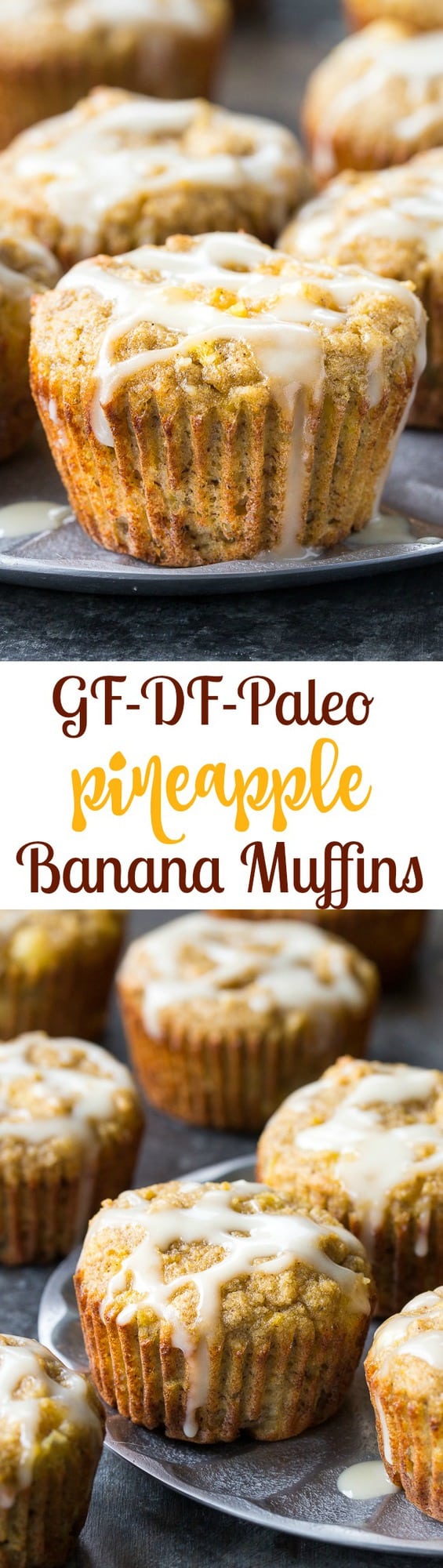 Moist and fluffy pineapple banana muffins with a coconut pineapple drizzle that tastes like a pina colada! You won't believe these tropical muffins are actually paleo, gluten-free, dairy-free and healthy! Great for breakfast or a snack and kid approved too!