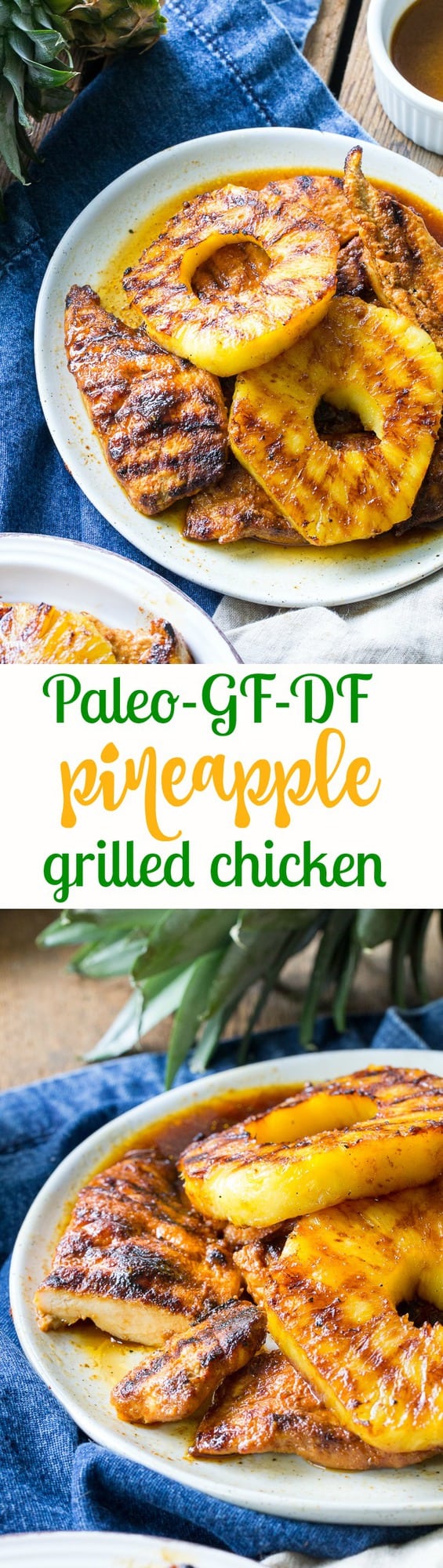 This Paleo pineapple chicken has a sweet pineapple glaze with a Whole30 friendly option too! It's easy, healthy, kid approved and perfect for summer grilling. It can also be made stovetop in a grill-pan. Refined sugar, free gluten-free and dairy-free.