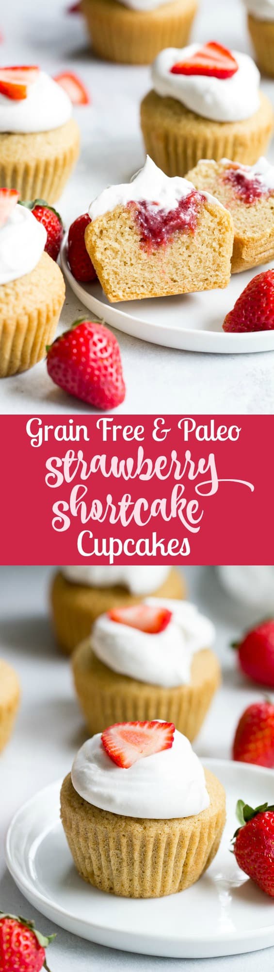 These Strawberry Shortcake Cupcakes start with a perfect paleo vanilla cupcake, filled with honey sweetened strawberry preserves and topped with thick and creamy coconut whipped cream. They're gluten free, dairy free, kid approved, fun to make, and perfect for any special occasion or holiday!