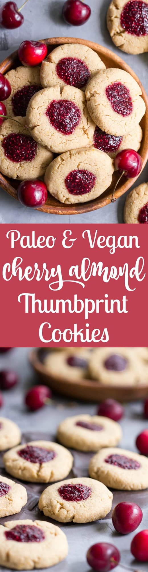 These chewy lemon almond thumbprint cookies are filled with cherry chia jam and are healthy, paleo, vegan, kid approved, and easy to make.  They taste buttery and decadent but are gluten free and dairy free!