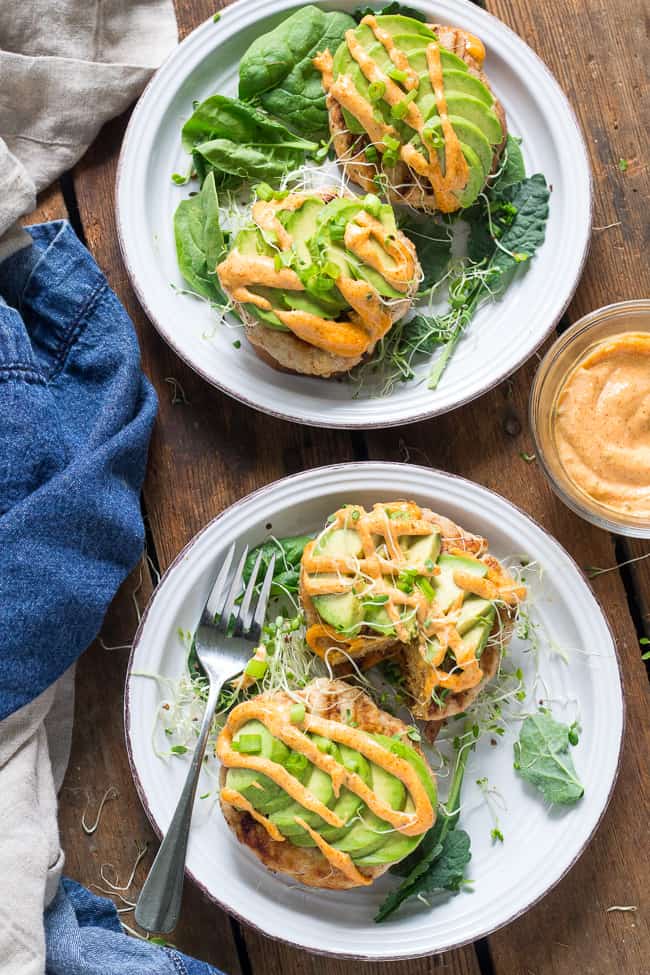 hese Chipotle Ranch Chicken Burgers are loaded with your favorite flavors and perfect on a grilled sweet potato bun!  Topped with chipotle ranch sauce, avocado and sprouts for a delicious, fun, and healthy burger that might become your new favorite!  Paleo, Whole30, gluten-free, dairy-free.