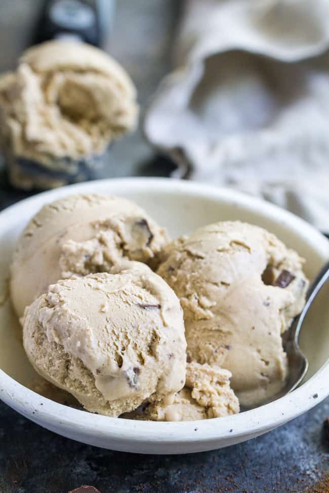 This easy dairy-free, paleo and vegan espresso chocolate chip ice cream has the perfect balance of coffee flavor and dark chocolate chips.  The ingredients are quickly blended and then churned for a rich, creamy and healthy frozen dessert!