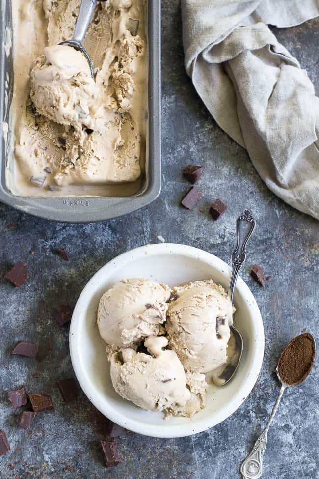 This easy dairy-free, paleo and vegan espresso chocolate chip ice cream has the perfect balance of coffee flavor and dark chocolate chips.  The ingredients are quickly blended and then churned for a rich, creamy and healthy frozen dessert!