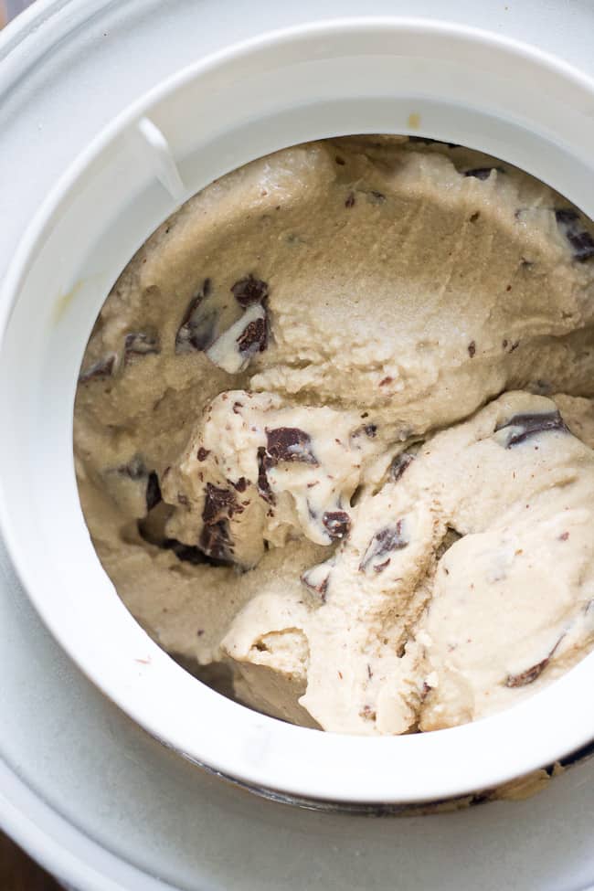 This easy dairy-free, paleo and vegan espresso chocolate chip ice cream has the perfect balance of coffee flavor and dark chocolate chips.  The ingredients are quickly blended and then churned for a rich, creamy and healthy frozen dessert!