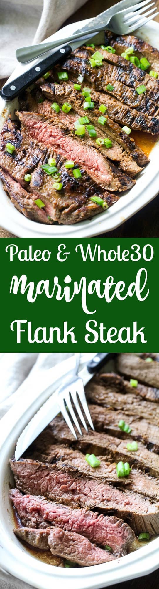 This Paleo and Whole30 grilled marinated flank steak will become your go-to recipe to top salads or serve with your favorite grilled veggies and potatoes. The marinade comes together in a blender and can be boiled into a sauce to serve with the steak. Gluten free, refined sugar free, soy free, dairy free.