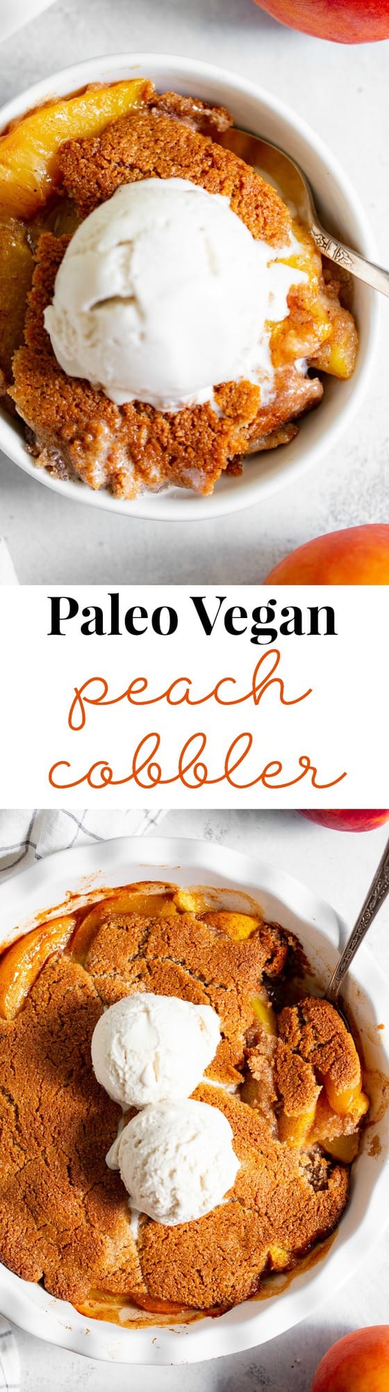 Take advantage of peach season with this paleo and vegan peach cobbler!  It's sweetened with unrefined coconut sugar and spiced with a touch of sweet cinnamon, with a warm and crisp grain-free pastry topping that's downright addicting.  A great gluten free, dairy free, egg free dessert for summer!