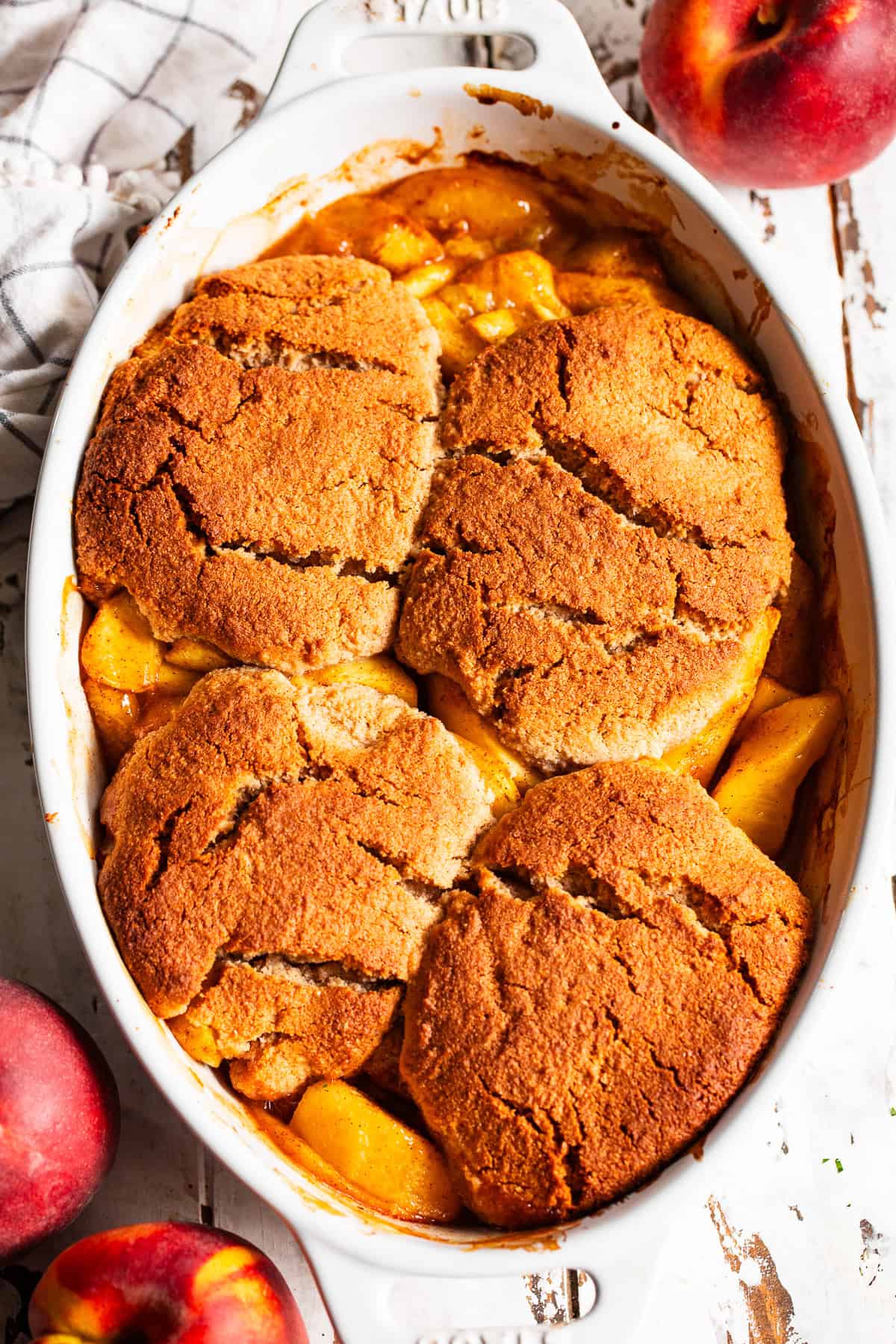 easy peach cobbler in baking dish