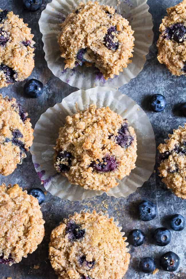 These Paleo Blueberry Muffins have classic flavor and texture plus the perfect crumb top - it's downright addicting!   Have one freshly baked or make them ahead of time and enjoy as a part of your breakfast or a grab-n-go snack.  They're grain free, dairy free, gluten-free and refined sugar free.