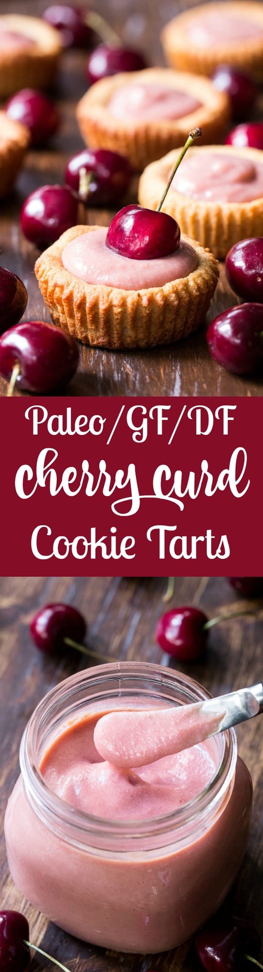 Thick, creamy and sweet cherry curd made from fresh cherries is spooned into grain free and paleo cookie tarts for a delicious, fun and secretly healthy dessert!   Dairy free, refined sugar free, gluten-free and paleo.