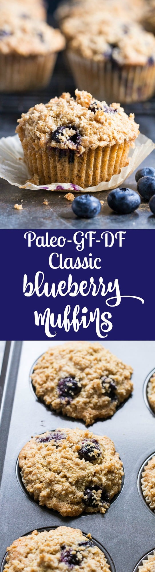 These Paleo Blueberry Muffins have classic flavor and texture plus the perfect crumb top - it's downright addicting!   Have one freshly baked or make them ahead of time and enjoy as a part of your breakfast or a grab-n-go snack.  They're grain free, dairy free, gluten-free and refined sugar free.
