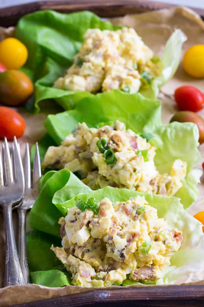 This super simple, classic paleo egg salad will become a new favorite for your whole family!  Prepared with sugar-free bacon and 1-minute homemade mayo, this egg salad is Whole30 compliant, low carb, and delicious over a green salad or in lettuce wraps!  Perfect to make ahead for weekday lunches. 