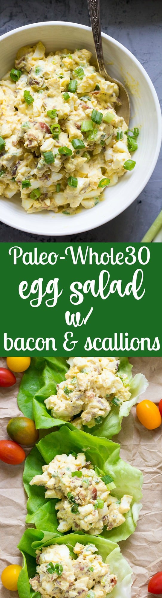 This super simple, classic paleo egg salad will become a new favorite for your whole family!  Prepared with sugar-free bacon and 1-minute homemade mayo, this egg salad is Whole30 compliant, low carb, and delicious over a green salad or in lettuce wraps!  Perfect to make ahead for weekday lunches. 