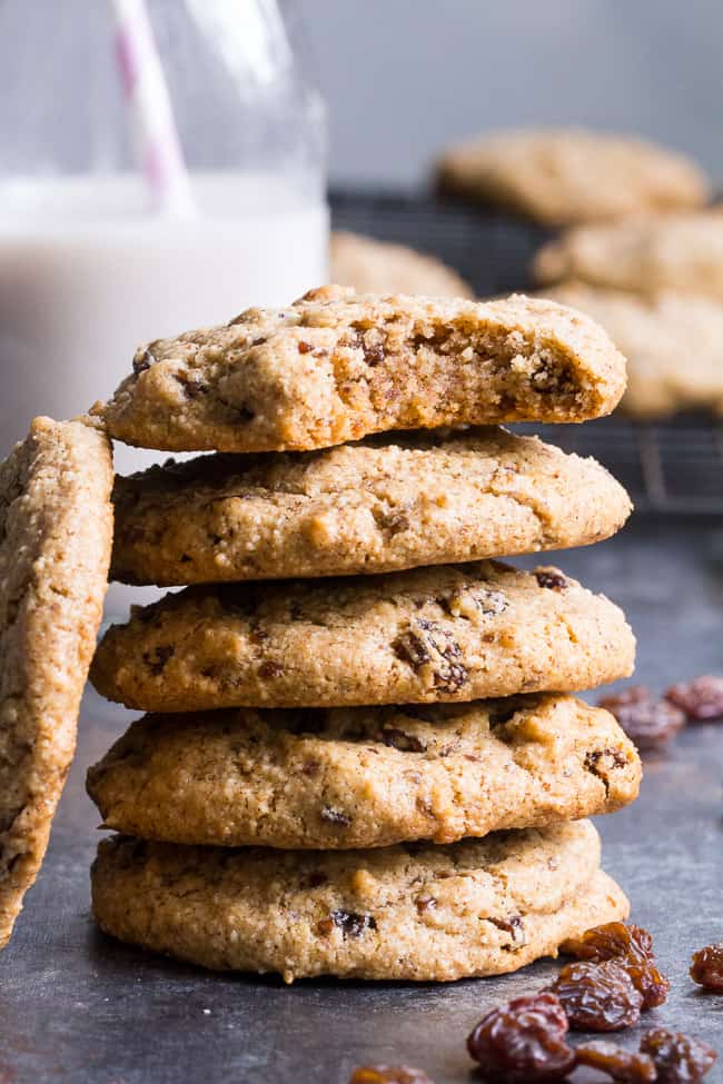 These paleo "oatmeal" raisin cookies are chewy, sweet and perfectly spiced and taste just like traditional oatmeal cookies, yet are completely grain free, vegan and paleo.   You'll fool everyone into thinking they're the real thing!