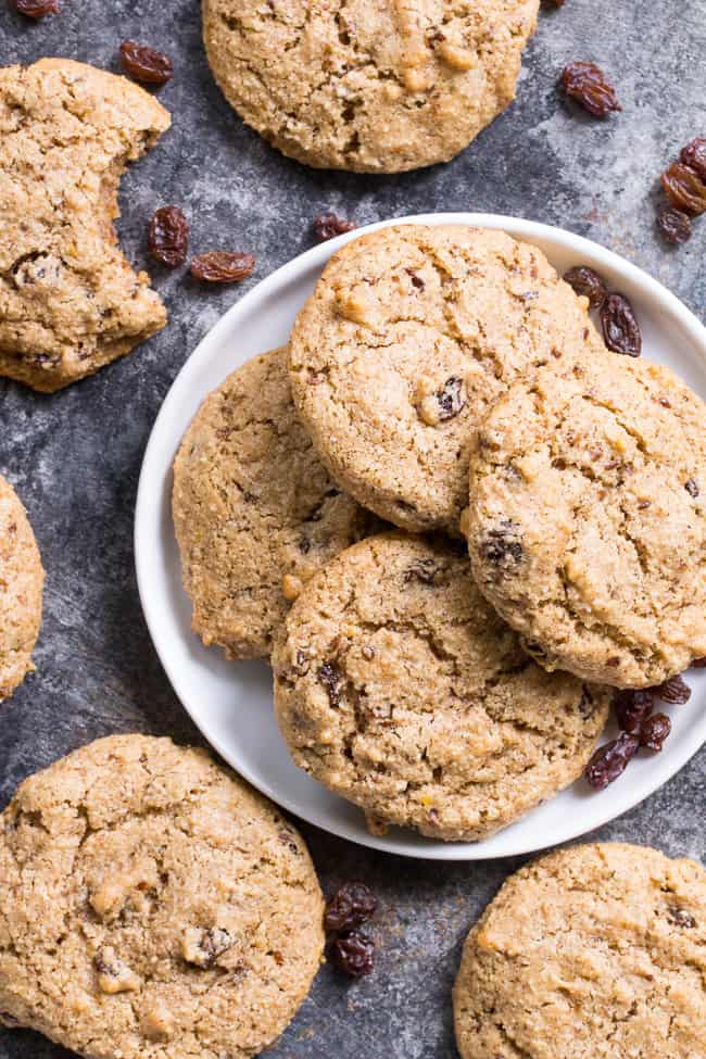 These paleo "oatmeal" raisin cookies are chewy, sweet and perfectly spiced and taste just like traditional oatmeal cookies, yet are completely grain free, vegan and paleo.   You'll fool everyone into thinking they're the real thing!