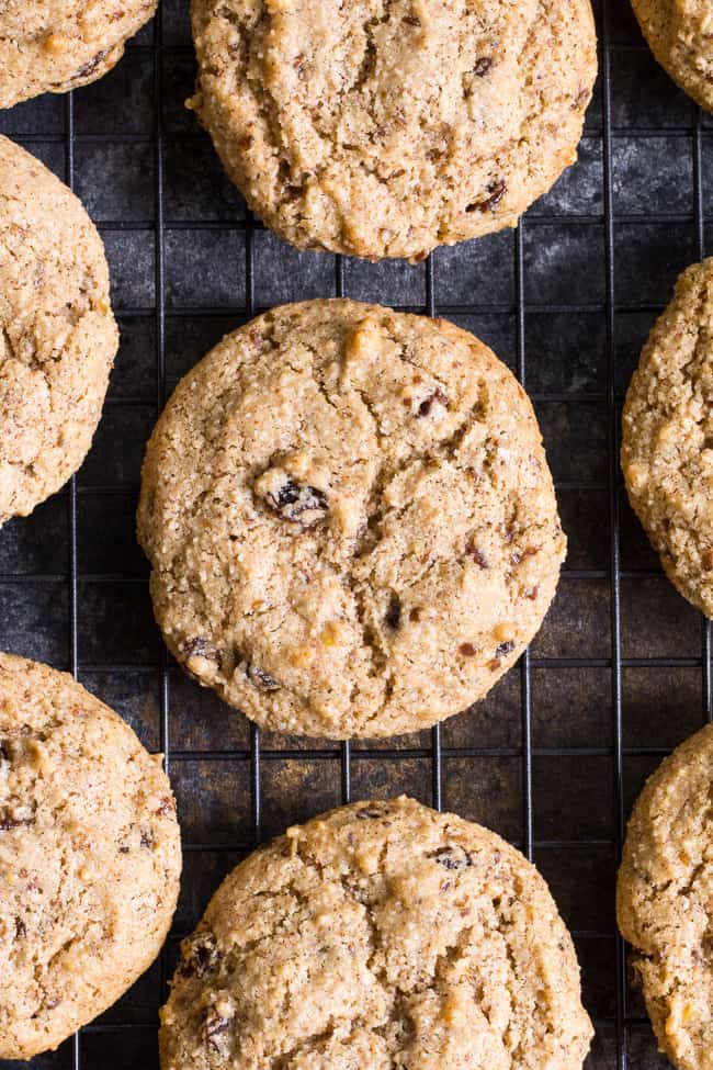 These paleo "oatmeal" raisin cookies are chewy, sweet and perfectly spiced and taste just like traditional oatmeal cookies, yet are completely grain free, vegan and paleo.   You'll fool everyone into thinking they're the real thing!