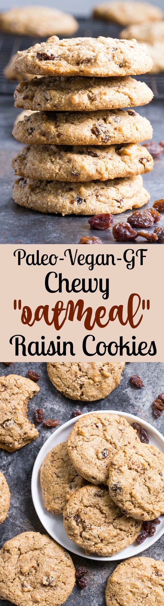 These paleo "oatmeal" raisin cookies are chewy, sweet and perfectly spiced and taste just like traditional oatmeal cookies, yet are completely grain free, vegan and paleo.   You'll fool everyone into thinking they're the real thing!