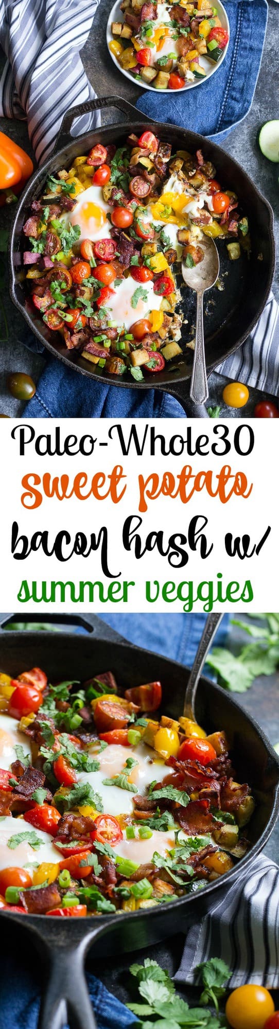 This one-pan sweet potato hash is loaded with summer veggies, bacon and served with or without baked eggs - your choice!  It's delicious, filling and healthy any time of day making it perfect for breakfast, lunch or dinner.  It's paleo, whole30 friendly and low FODMAP too.