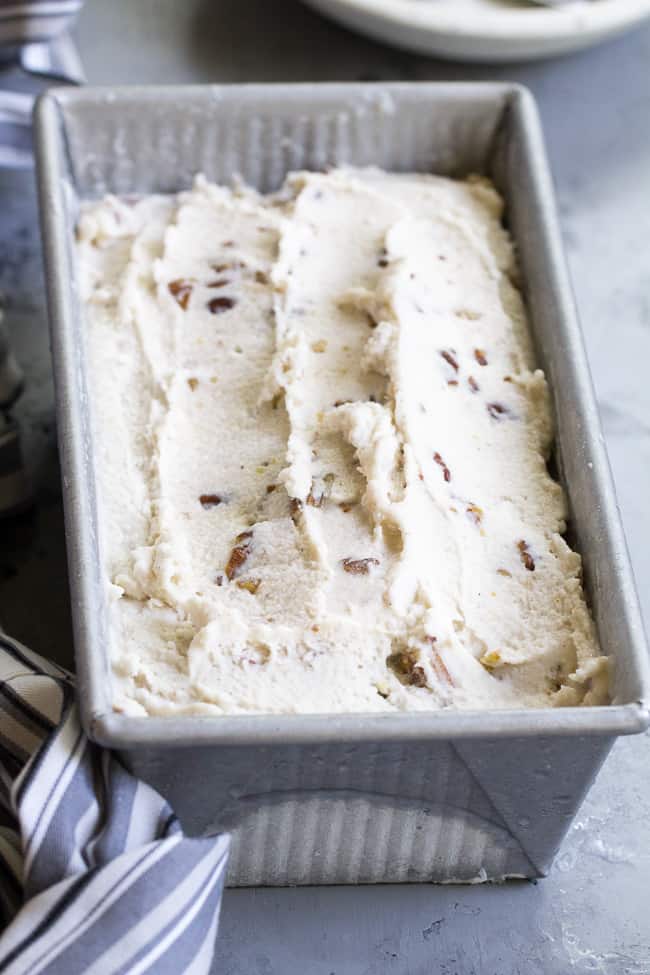 This "butter" pecan vegan ice cream is thick, creamy and decadently sweet yet made with no refined sugar or dairy. You won't believe you're not eating the real thing once you taste it!  Paleo, vegan, gluten free, dairy-free.