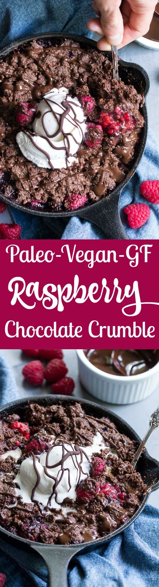 This raspberry chocolate crumble is super easy to make, paleo, vegan, and can be served right out of the skillet!   It's extra tasty topped with melted chocolate and coconut vanilla ice cream.   Gluten free, refined sugar free, dairy free.