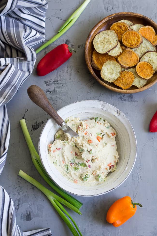 This veggie packed cashew cream cheese tastes so much like the real thing that you won't believe it's not actually cheese!  It's made in minutes, great as a dip or spread, dairy free, vegan, paleo and Whole30.