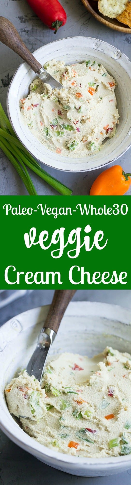 This veggie packed cashew cream cheese tastes so much like the real thing that you won't believe it's not actually cheese!  It's made in minutes, great as a dip or spread, dairy free, vegan, paleo and Whole30.