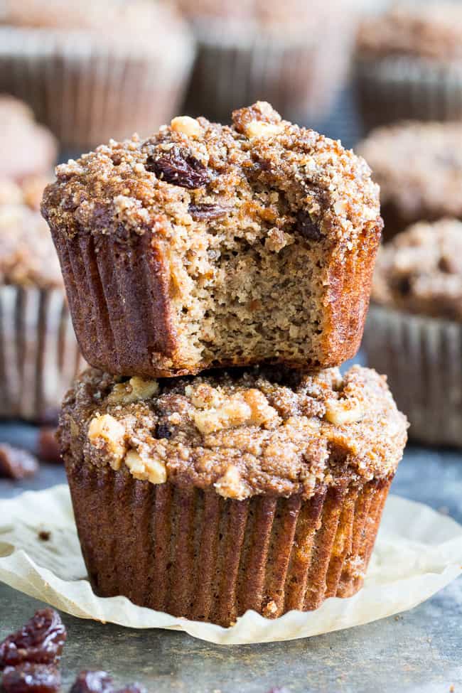 These paleo muffins are loaded with cinnamon flavor, studded with juicy raisins and topped with the perfect cinnamon crumble! Make them with your kids for a fun breakfast treat or snack – they’re grain free, dairy free, refined sugar free and delicious!
