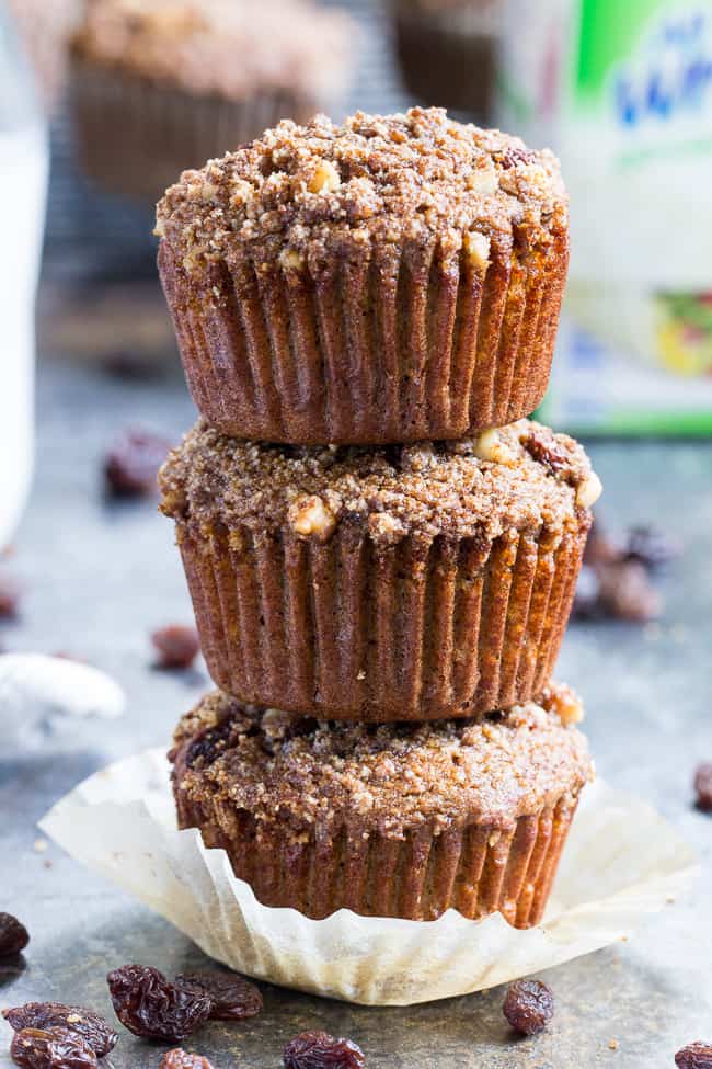 These paleo muffins are loaded with cinnamon flavor, studded with juicy raisins and topped with the perfect cinnamon crumble! Make them with your kids for a fun breakfast treat or snack – they’re grain free, dairy free, refined sugar free and delicious! #AD #allwhiteseggwhites 