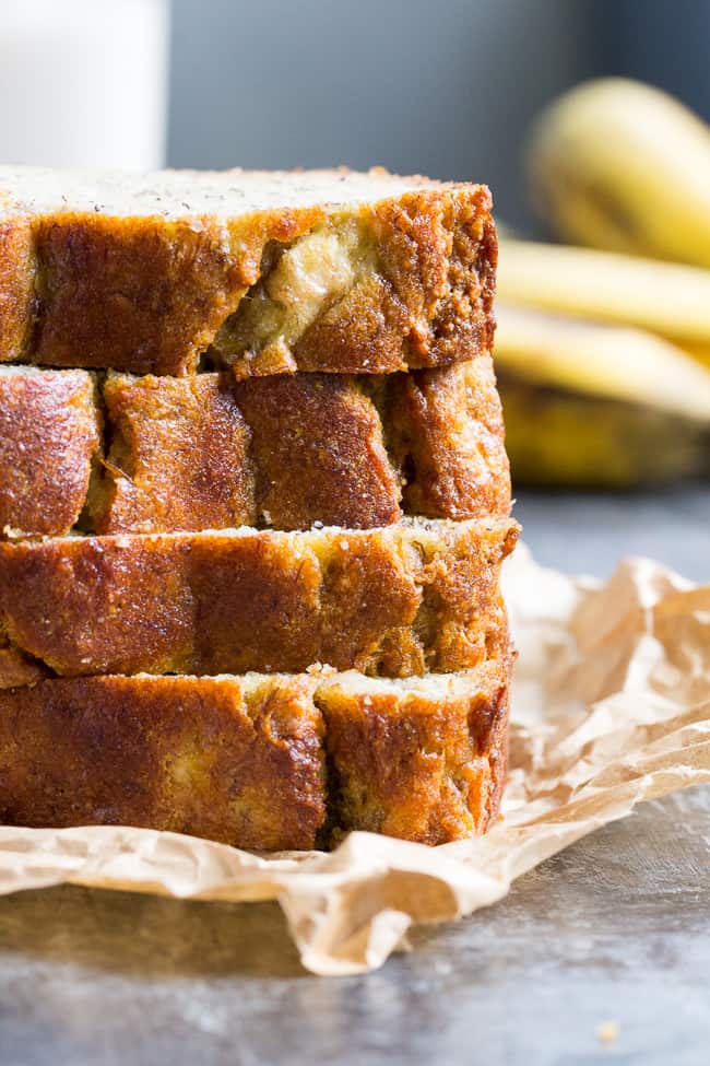 This deliciously hearty yet soft and moist Paleo banana bread is made with no grains, dairy, and no added sugar.  It's gluten free, Paleo and sweetened only with bananas and perfect for breakfast or a snack with your favorite spread.  Kid approved and easy to make!