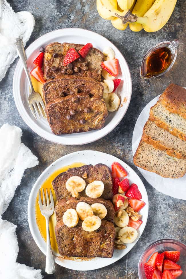 This Banana Bread French Toast is pure paleo breakfast comfort food!  Made with a hearty banana-sweetened grain free and paleo banana bread, it's perfect for a weekend breakfast treat when you're craving something indulgent.  Gluten free, dairy free, refined-sugar free.